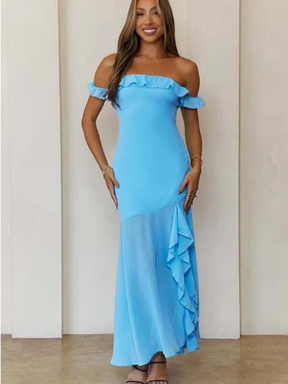 Off-Shoulder Ruffle Hem Maxi Dress in Light Blue